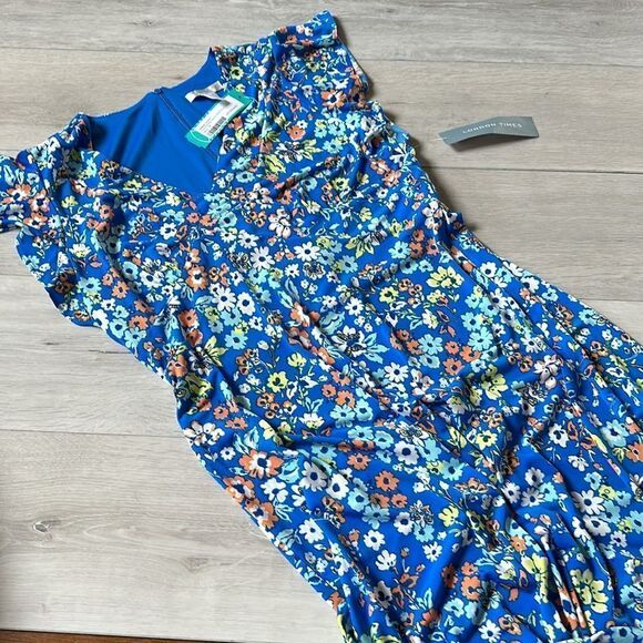 Maggy London V-Neck Zuma Ruffle Sleeve Midi Dress Blue Multi Sz10 Stitch Fix NWT - Picture 4 of 5